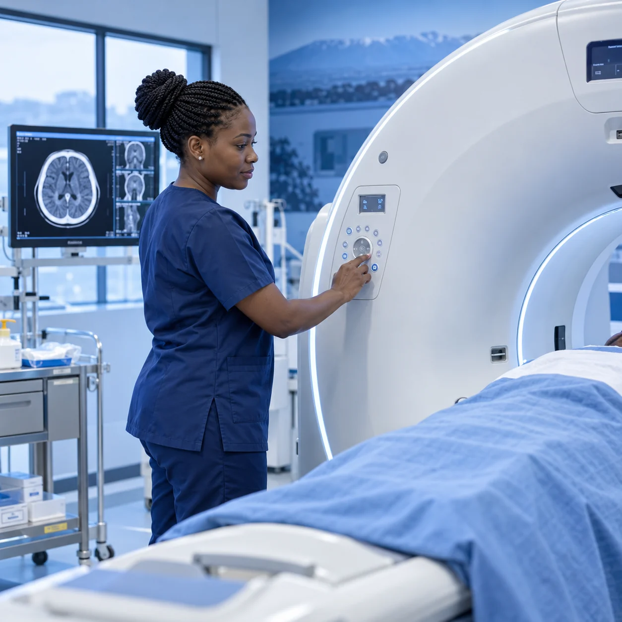 Technologue en radiologie préparant un scanner dans une salle d’imagerie