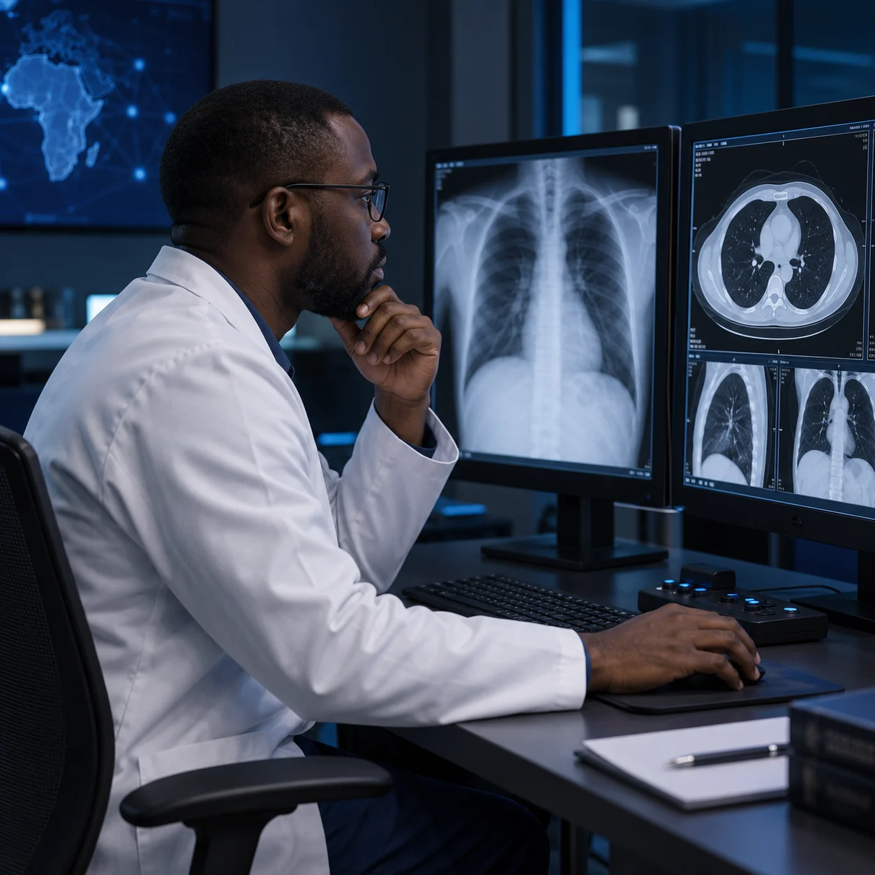 Radiologue africain analysant des examens sur une station de téléradiologie